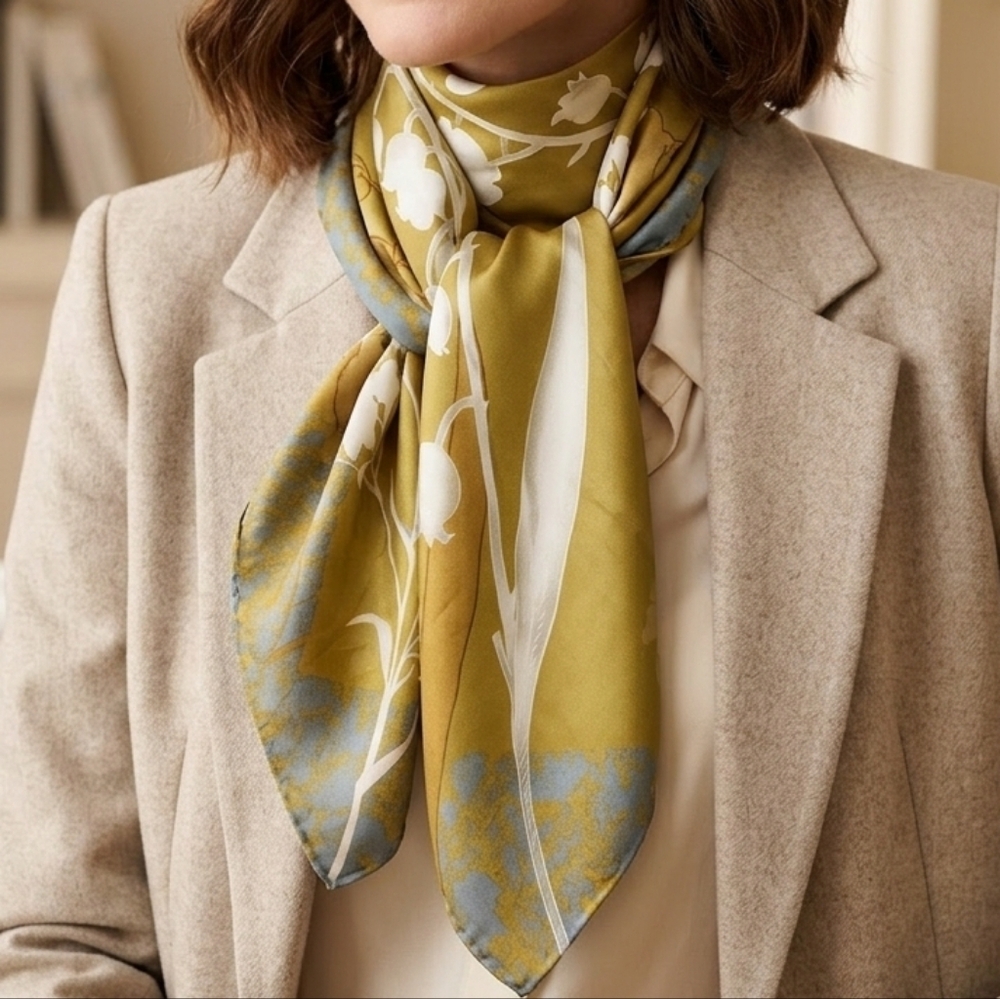 NWT Lily of the Valley Floral Satin Neck Scarf Head Wrap Yellow White 35" × 35" - Picture 4 of 8
